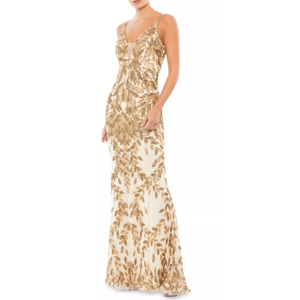 New! Mac Duggal Golden Elegant Beaded V-Neck Gown Sz 8 MSRP $ 498